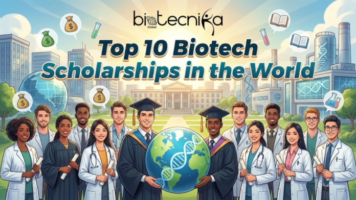 Top 10 Biotech Scholarships in the World. A vibrant, horizontal featured image titled 