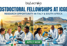 Arturo Falaschi Postdoctoral Fellowships 2026 | Global Research Opportunity in Italy and South Africa Postdoctoral Fellowships at ICGEB Global Research Opportunity in Italy and South Africa. A visually striking featured image for an article titled "Postdoctoral Fellowships at ICGEB," displayed in a prominent black font. The Biotecnika Global logo is placed at the top center. The central scene features an international group of postdoctoral researchers collaborating in a state-of-the-art laboratory. The background highlights the global nature of the opportunity with stylized, glowing maps of Italy and South Africa, connected by digital data streams. A glossy "APPLY NOW" button is centered at the bottom. The overall design uses a sophisticated palette of deep blues and vibrant accents to create a professional, "scroll-stopping" look.