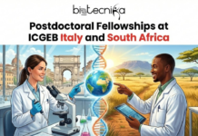 Postdoctoral Fellowships at ICGEB | Global Research Program in Italy and South Africa Postdoctoral Fellowships at ICGEB Global Research Program in Italy and South Africa. An inspiring featured image for "Postdoctoral Fellowships at ICGEB Italy and South Africa" by Biotecnika Global, with the logo centered at the top. The visual is split into two thematic halves: on the left, a female scientist works in a laboratory overlooking iconic Italian architecture like the Florence Duomo; on the right, a male scientist works in a lab overlooking the South African savanna and Table Mountain. In the center, a glowing DNA double helix surrounds a globe of the Earth, representing global scientific collaboration. The title is displayed in bold black text, with "Italy and South Africa" highlighted in vibrant red.