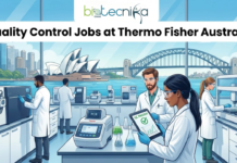 Quality Control Jobs in Australia | Thermo Fisher Hiring For QC Technician Role Quality Control Jobs in Australia Thermo Fisher Hiring For QC Technician Role. An illustration for "Quality Control Jobs at Thermo Fisher Australia" by Biotecnika Global, featuring a quality control scientist working in a high-precision laboratory. Through the glass window, the Sydney Opera House is visible against a clear blue sky. The scientist is using advanced analytical instruments and holding a tablet displaying quality metrics. The Biotecnika Global logo is at the top center, and the title is clearly displayed at the bottom, creating a professional and high-authority image for the job posting.