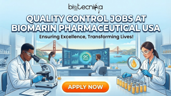 Quality Control Jobs in USA QC Analyst at BioMarin. A professional recruitment banner for Biotecnika Global titled