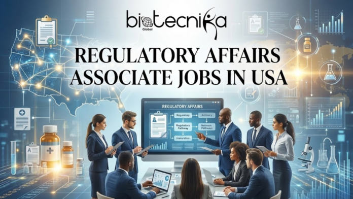 Regulatory Affairs Associate at AbbVie | Life Science Jobs in USA. An office scene with diverse professionals in suits discussing regulatory pathways on a digital screen, with a map of the USA and life science icons in the background. The Biotecnika Global logo is at the top, and the text 