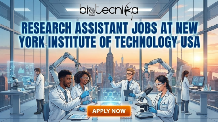A vibrant featured image for a job announcement. At the top is the 'biotecnika Global' logo. Below it, large bold text reads: 'RESEARCH ASSISTANT JOBS AT NEW YORK INSTITUTE OF TECHNOLOGY USA'. The illustration depicts a diverse team of scientists in a modern, high-tech laboratory working with holographic displays, robotic arms, and microscopes, set against a panoramic sunset view of the New York City skyline. A glowing orange 'APPLY NOW' button is located at the bottom center.