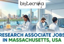 Research Associate Jobs in USA | Moderna Hiring Life Science Grads An image featuring the Biotecnika Global logo at the top center. The scene depicts a modern, high-tech laboratory where diverse scientists—two women and two men—are engaged in biological research. In the foreground, two researchers are using microscopes and pipettes at a lab bench filled with colorful test tubes and petri dishes. Through a large window in the background, iconic American landmarks like the Statue of Liberty and the Golden Gate Bridge are visible, alongside a digital map of the USA and a DNA double helix. A small American flag sits on the workbench. At the bottom, the bold text reads "BIOLOGY INTERNSHIP IN USA" in a white font with a red and blue border.