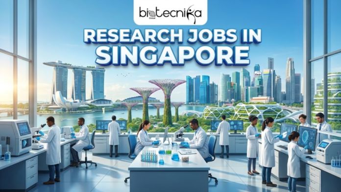 Research Jobs in Singapore at Genome Institute of Singapore. A featured image with the Biotecnika Global logo centered at the top. The image depicts a state-of-the-art laboratory in Singapore, where a diverse group of researchers is working with advanced genomic sequencing equipment. Through a large window in the background, the iconic Singapore skyline is visible, featuring landmarks like the Marina Bay Sands and the Supertree Grove at Gardens by the Bay. A digital screen in the lab displays a DNA helix and a map of Singapore. Across the bottom, bold text reads 