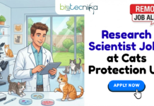 Research Scientist Jobs at Cats Protection | Remote Job Opportunities in UK Research Scientist Jobs at Cats Protection Remote Job Opportunities in UK. An engaging featured image for "Research Scientist Jobs at Cats Protection" by Biotecnika Global, featuring a male scientist in a white lab coat using a digital tablet in a bright, modern laboratory. The scene is uniquely relatable, showing the scientist surrounded by several curious cats and kittens perched on lab benches and shelves alongside microscopes and petri dishes. A large window in the background offers a view of a peaceful green garden. The Biotecnika Global logo is positioned at the top center, a red "REMOTE JOB ALERT" banner is featured in the top right corner, and the main title is displayed in bold blue text on the right side.