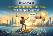 Thomas Mollick Scholarship for Entrepreneurs | Latest Scholarship in US Thomas Mollick Scholarship for Entrepreneurs Latest Scholarship in US. An illustration for the "Thomas Mollick Scholarship for Entrepreneurs US" by Biotecnika Global. The image features a young Black woman with a backpack standing on gears and a circuit board, reaching for a scroll labeled "SCHOLARSHIP" handed to her by a hand emerging from a glowing lightbulb. In the background is a stylized San Francisco cityscape at sunrise, with a rocket launching near the Golden Gate Bridge, symbolizing innovation and opportunity.