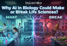 Why AI In Biology Could Make or Break Life Sciences? Why AI In Biology Could Make or Break Life Sciences. A high-resolution featured image for an article titled "Why AI In Biology Could Make or Break Life Sciences?" The Biotecnika Global logo is positioned at the top center. The visual features a futuristic, split-themed design: one side shows a glowing DNA double helix integrated with digital circuitry and binary code, representing innovation; the other side depicts complex data networks and a robotic interface, representing the risks and challenges. In the center, a scientist observes the fusion of biology and technology against a background of digital data visualizations.
