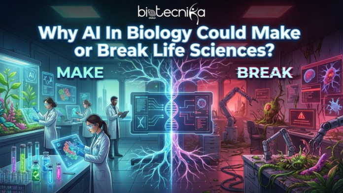 Why AI In Biology Could Make or Break Life Sciences. A high-resolution featured image for an article titled 