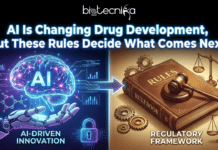 AI Is Changing Drug Development, But These Rules Decide What Comes Next AI in Drug Development: New Global Guiding Principles Explained. A compelling, split-themed featured image titled "AI Is Changing Drug Development, But These Rules Decide What Comes Next," featuring the "biotecnika Global" logo at the top center. The left side, labeled "AI-DRIVEN INNOVATION," shows a robotic hand cradling a glowing, digital brain intertwined with DNA strands and data nodes on a dark tech-inspired background. An arrow points toward the right side, labeled "REGULATORY FRAMEWORK," which depicts a classic leather-bound rulebook with a judge's gavel resting on it, flanked by scales of justice and mechanical gears. The image illustrates the intersection of cutting-edge artificial intelligence and the essential regulatory laws governing pharmaceutical advancement.