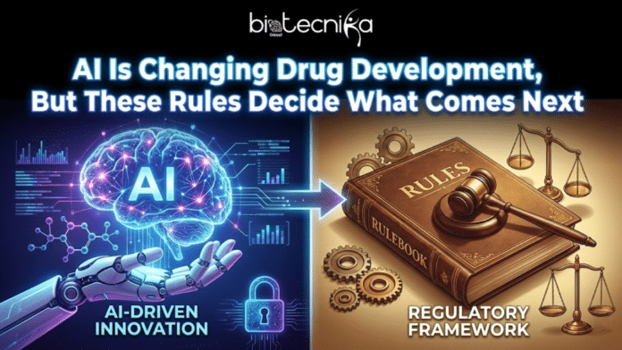 AI in Drug Development: New Global Guiding Principles Explained. A compelling, split-themed featured image titled