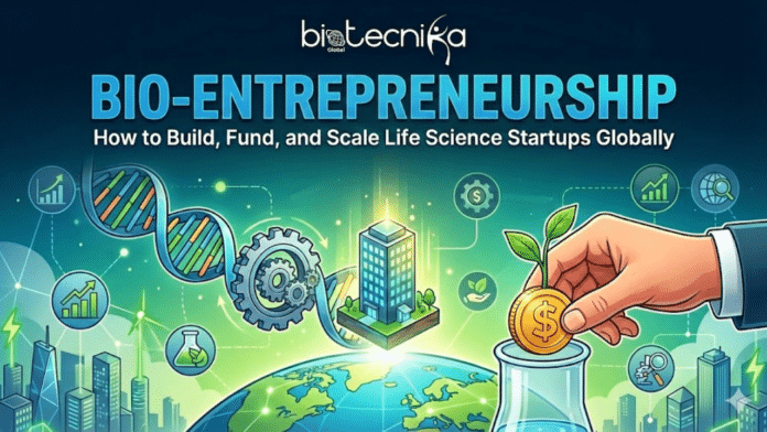 Bio-Entrepreneurship How to Build, Fund, and Scale Life Science Startups Globally. A dynamic featured image titled