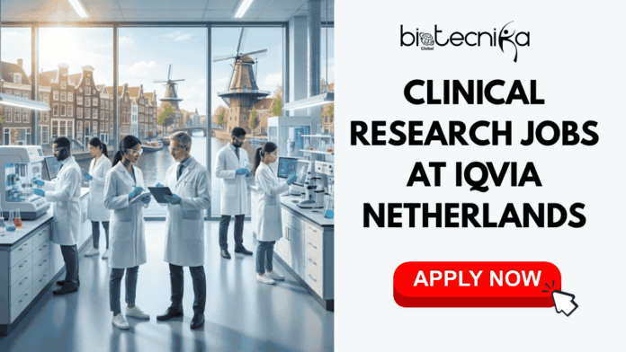 Clinical Research Jobs in the Netherlands Apply Now At IQVIA. A professional job recruitment banner for Biotecnika Global. The image is split: the left side shows scientists working in a modern clinical research laboratory with a scenic Dutch backdrop of canals and windmills visible through the window; the right side features the Biotecnika Global logo, bold text reading