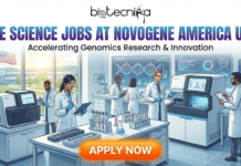 Explore Life Sciences Jobs at Novogene America US | Don’t Miss this Opportunity Explore Life Sciences Jobs at Novogene America US Don't Miss this Opportunity. A professional recruitment banner for Biotecnika Global titled "LIFE SCIENCE JOBS AT NOVOGENE AMERICA USA" with the tagline "Accelerating Genomics Research & Innovation." The illustration features a diverse team of scientists in a state-of-the-art genomics laboratory. They are operating advanced DNA sequencing machines and analyzing complex genetic data on large digital monitors. A DNA double helix model is displayed on a central lab table. The background shows a modern campus with an American flag visible through the windows. A prominent orange "APPLY NOW" button is at the bottom.