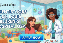 Explore Scientist Jobs at St. Louis Children’s Hospital USA | Don’t Miss This Opportunity Explore Scientist Jobs at St. Louis Children’s Hospital USA Don't Miss This Opportunity. An illustration-style banner for a job advertisement. At the top left is the "biotecnika Global" logo. Large text on the left reads "SCIENTIST JOBS AT ST. LOUIS CHILDREN'S HOSPITAL USA". Below the text is a blue button with "APPLY NOW". The illustration shows a smiling female scientist in a lab coat and safety glasses interacting with a mother and her young son in a brightly lit hospital playroom filled with toys and science-themed educational materials.