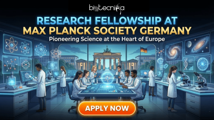 Research Fellowship at Max Planck Society Germany | Apply Now. A promotional graphic from Biotecnika Global titled