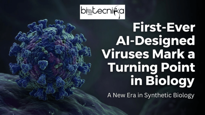 First-Ever AI-Designed Viruses Mark a Turning Point in Biology. A featured image with the 'biotecnika Global' logo at the top. On the left is a large, dark blue and purple 3D model of a virus. To the right, in white text, are the headlines