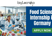 Top Food Science Internship in Germany | Apply Now at Mars for R&D Opportunity Food Science Internship in Germany Apply Now at Mars. Promotional banner for "Food Science Internship in Germany" by Biotecnika Global. The top features the Biotecnika Global logo. On the left, a diverse team of scientists works in a modern food science laboratory with a view of the Cologne Cathedral and the Rhine river through a large window. They are conducting experiments with various food samples, fresh produce, and lab equipment. On the right, against a dark blue background, large white text reads "Food Science Internship in Germany," with a green "APPLY NOW" button below it.