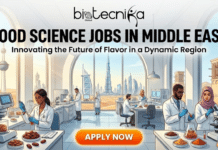 Food Science Jobs in Middle East | Majid Al Futtaim Hiring Now Food Science Jobs in Middle East Majid Al Futtaim Hiring Now. A professional recruitment banner for Biotecnika Global titled "FOOD SCIENCE JOBS IN MIDDLE EAST" in bold black text. The illustration shows a diverse team of scientists in a bright, modern laboratory overlooking a desert city skyline, featuring the Burj Khalifa and Burj Al Arab. One scientist is testing dates with a pipette, another is using a microscope to examine spices, and others are analyzing samples in the background. A prominent orange "APPLY NOW" button is centered at the bottom.