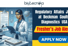 Fresher’s Job Alert: Explore Regulatory Affairs Jobs at Beckman Coulter Diagnostics USA Fresher's Job Alert Explore Regulatory Affairs Jobs at Beckman Coulter Diagnostics USA. A featured job announcement graphic for Biotecnika Global, titled "Regulatory Affairs Jobs at Beckman Coulter Diagnostics USA". The image is split, with a scientist in a lab holding a "Global Compliance" document on the left, and the job title, a "Fresher's Job Alert" banner, and a blue "APPLY NOW" button on the right.