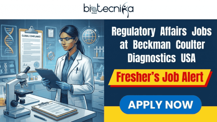 Fresher's Job Alert Explore Regulatory Affairs Jobs at Beckman Coulter Diagnostics USA. A featured job announcement graphic for Biotecnika Global, titled