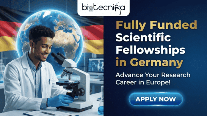 Fully Funded Scientific Fellowships in Germany Apply for Bayer Fellowships 2026. A promotional banner for Biotecnika Global. On the left, a smiling male scientist in a lab coat looks into a microscope, with a globe and the German flag in the background. On the right, against a dark blue background, large text reads
