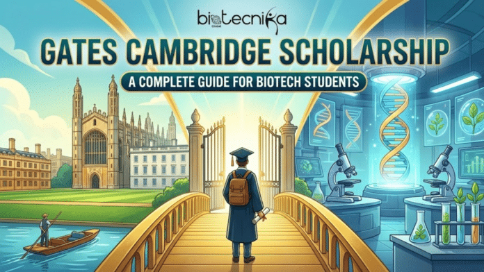Gate’s Cambridge Scholarship A Complete Guide for Biotech Students. A split-panel illustration serves as the featured image for an article titled