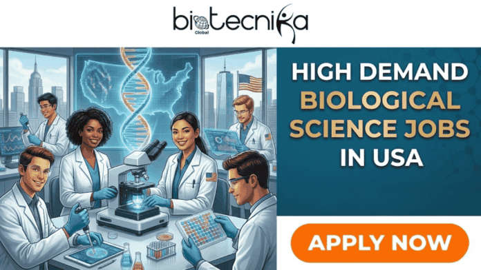 High-Demand Biological Science Jobs in USA Join AbbVie. A promotional graphic from Biotecnika Global advertising