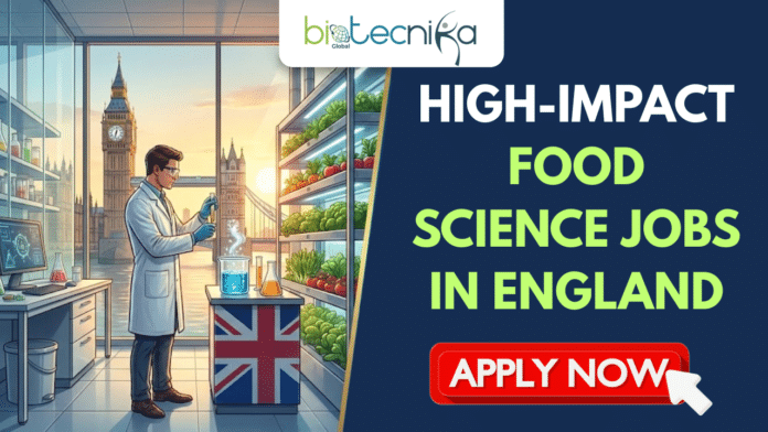 High-Impact Food Science Jobs in England Join as QA Specialist at Müller UK Today. A promotional banner with the Biotecnika Global logo at the top. On the left, an illustration shows a scientist in a lab with a Union Jack-patterned bench, vertical farming plants, and a view of Big Ben and Tower Bridge through a window. On the right, text reads,
