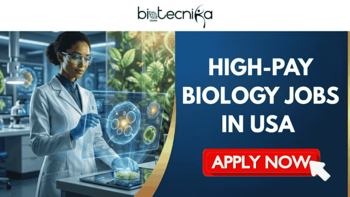 High-Pay Biology Jobs in USA Join P&G as a Laboratory Analyst. A promotional banner with the Biotecnika Global logo at the top. On the left, a female scientist in a lab coat and safety glasses uses a stylus on a tablet to interact with holographic displays of biological cells and structures. On the right, against a dark blue background with gold accents, large text reads