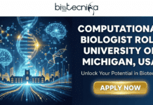 Latest Computational Biologist Role in the USA | Apply At University of Michigan Latest Computational Biologist Role in the USA Apply At University of Michigan. Job advertisement banner for a "Computational Biologist Role" at the "University of Michigan, USA" by Biotecnika Global, featuring a futuristic digital illustration of DNA, brain, and a university building, with a gold "APPLY NOW" button.