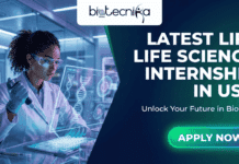 Latest Life Science Internship at Siemens Healthineers USA, | BS Students Don’t Miss This Latest Life Science Internship in USA Life Science Students Don’t Miss This. An advertisement for "Biotecnika Global" with their logo at the top. On the left, a female scientist in a futuristic lab coat and glasses works with a holographic display of DNA. On the right, large text reads "LATEST LIFE SCIENCE INTERNSHIP IN USA - Unlock Your Future in Biotech," with a green "APPLY NOW" button below.