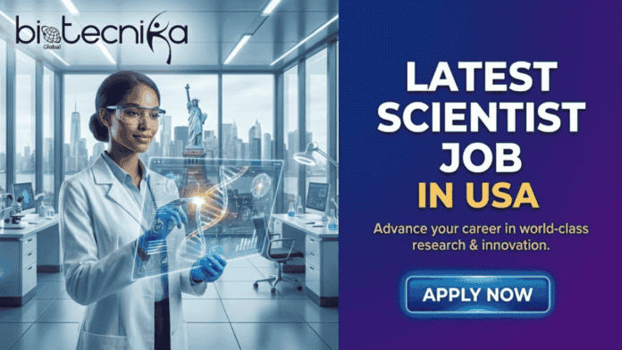 Latest Scientist Job in USA Apply For Biochemistry Careers at GSK. A promotional graphic with a split design. The top left corner features the