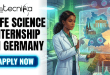 Life Science Internship in Germany | Roche Careers Opportunity Life Science Internship in Germany Roche Careers Opportunity. A featured image for a job page titled "Life Science Internship in Germany." The image includes the Biotecnika Global logo at the top left and a blue "Apply Now" button at the bottom left. The main illustration shows a female scientist in a modern laboratory, interacting with a holographic display that features a map of Germany with landmarks like the Brandenburg Gate and Cologne Cathedral, alongside biological cells and DNA strands. The background is a city skyline at sunset.