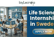 Life Science Internship in Sweden | Apply For Medical Communications Intern at Sanofi Life Science Internship in Sweden Apply For Medical Communications Intern at Sanofi. A promotional banner for a "Life Science Internship in Sweden" by Biotecnika Global. The top features the "biotecnika Global" logo. The left side shows a diverse group of professionals in a modern office with large screens displaying medical illustrations and data, with a Swedish flag and a view of Stockholm city hall in the background. The right side has large text "Life Science Internship in Sweden" and a golden "APPLY NOW" button.