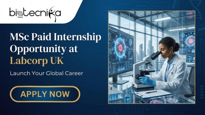 MSc Internship Opportunity in the UK Global Paid Internship Program at Labcorp. A professional job advertisement banner for an MSc Paid Internship at Labcorp UK. The left side features bold, elegant typography on a deep blue background with a prominent gold