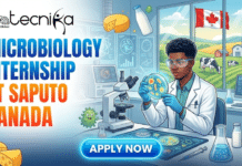 Microbiology Internship in Canada | Paid Quality Control Intern Role at Saputo Microbiology Internship in Canada Paid Quality Control Intern Role at Saputo. A promotional banner for a "Microbiology Internship at Saputo Canada," featuring the Biotecnika Global logo in the top left. The main text is in large blue and orange letters. Below it is a blue "APPLY NOW" button. The illustration shows a Black male scientist in a lab coat and safety glasses examining a petri dish in a laboratory setting with a microscope and screens displaying microbes. The background features a window looking out onto a farm with cows, a barn, and a Canadian flag. Cartoon cheese wedges, milk bottles, and microbes are floating around the scene.