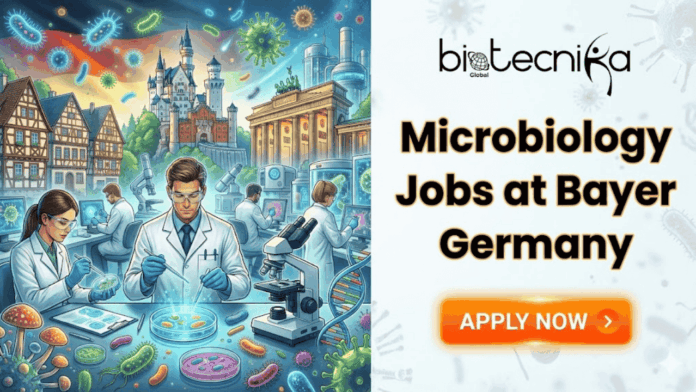 Microbiology Jobs in Germany Apply For QC Manager Role at Bayer. A promotional banner from Biotecnika Global advertising 