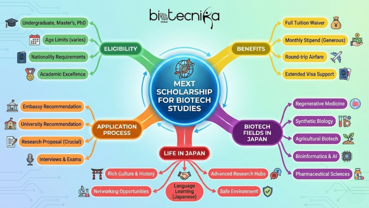 Mindmap MEXT Scholarship for Biotech Studies Eligibility and Benefits (1)