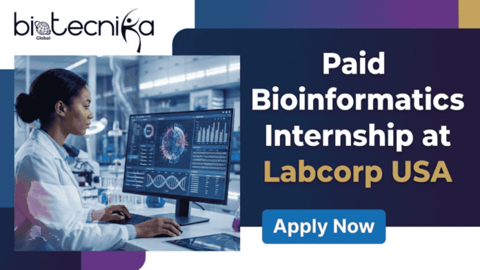 Paid Bioinformatics Internship in USA Earn Upto $30hour at Labcorp (2026 Intake!). A promotional graphic with a dark purple and blue gradient background features the
