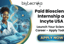 Paid Bioscience Internship at Incyte USA | Life Science Students Apply Now Paid Bioscience Internship at Incyte USA Life Science Students Apply Now. A promotional graphic for a "Paid Bioscience Internship at Incyte USA" by Biotecnika Global. On the left, a female scientist in a lab coat holds a pipette over a well plate, with a DNA helix and a map of the USA with a star in the background. On the right, bold text reads "Paid Bioscience Internship at Incyte USA", followed by "Launch Your Science Career – Apply Today!", and a large blue and gold "APPLY NOW" button. The Biotecnika Global logo is at the top.