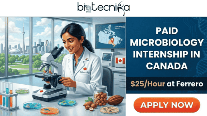 Paid Microbiology Internship in Canada – $25Hour at Ferrero! A promotional graphic for a