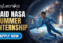 NASA Summer Internship Program | Paid Summer Internship 2026 Paid NASA Summer Internship. A promotional graphic for a "Paid NASA Summer Internship" by Biotecnika Global. On the left, large white and gold text reads "PAID NASA SUMMER INTERNSHIP" above a glowing blue "APPLY NOW" button. The top left features the Biotecnika Global logo. The right side illustrates a young female astronaut in a blue NASA suit floating inside a space station observation window, looking at holographic displays, with Earth, the Milky Way, and a rocket launch visible outside.