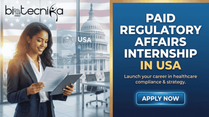 Paid Regulatory Affairs Internship in USA Beckman Coulter Hiring Now. A professional promotional image for a Paid Regulatory Affairs Internship in USA. On the left, a smiling professional woman in a business suit holds a document and a tablet. The background features the US Capitol building and a faint American flag, with digital overlays showing a compliance checklist and the