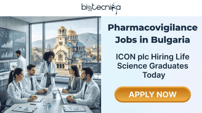 Pharmacovigilance Jobs in Bulgaria ICON plc Hiring Life Science Graduates Today. A job advertisement banner for Biotecnika Global, featuring a photo of professionals in a modern office with a view of the Alexander Nevsky Cathedral in Sofia, Bulgaria. The text reads 'Pharmacovigilance Jobs in Bulgaria' and 'ICON plc Hiring Life Science Graduates Today'. Below the text is an orange 'APPLY NOW' button.