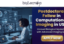 Postdoctoral Fellow in Computational Imaging in USA | Cryo-EM Research at Berkeley Lab Postdoctoral Fellow in Computational Imaging in USA Cryo-EM Research at Berkeley Lab. Biotecnika Global promotional banner for a "Postdoctoral Fellow in Computational Imaging in USA" position. The text "Unravel Biological Mysteries with Advanced Imaging & AI!" is below the main title. On the left, a scientist in a lab is looking at multiple computer screens displaying brain imaging data, with a map of the USA in the background. A golden "APPLY NOW" button is at the bottom.
