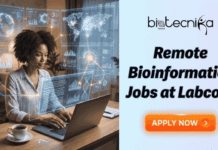 Remote Bioinformatics Jobs at Labcorp | High-Pay Career Opportunity Remote Bioinformatics Jobs at Labcorp High-Pay Genetics Career. A promotional graphic for "Remote Bioinformatics Jobs at Labcorp," featuring a woman working on a laptop in a home office, surrounded by holographic displays of biological data and global maps. The "biotecnika Global" logo is in the top right, and an orange "APPLY NOW" button is at the bottom right.