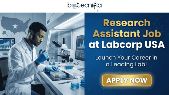Research Assistant Job at Labcorp USA Latest Preclinical Oncology Career Opportunity. A promotional graphic with the Biotecnika Global logo at the top center. The left side shows a Black male scientist in a lab coat and gloves using a multichannel pipette to fill a microplate in a modern laboratory, with a silhouette map of the USA marked with a star in the background. The right side, set against a dark blue background with subtle molecular patterns, features large gold and white text that reads