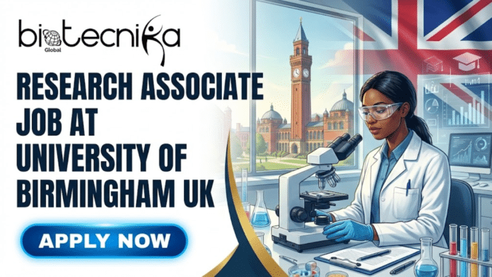 Research Associate Jobs in University of Birmingham | Cancer Research Opportunity in UK. A promotional banner for a job opening, featuring the text
