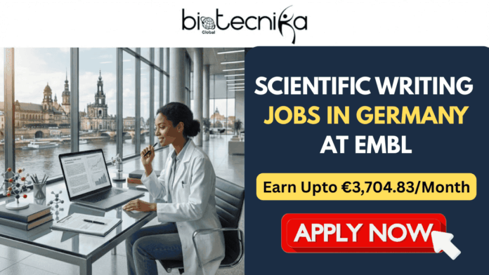 Scientific Writing Jobs in Germany at EMBL Earn Upto €3,704.83Month. A job advertisement banner from Biotecnika Global. On the left, a Black woman in a lab coat works on a laptop at a desk with scientific models, overlooking a European cityscape with a river. On the right, against a blue and gold circuit board background, large white text reads